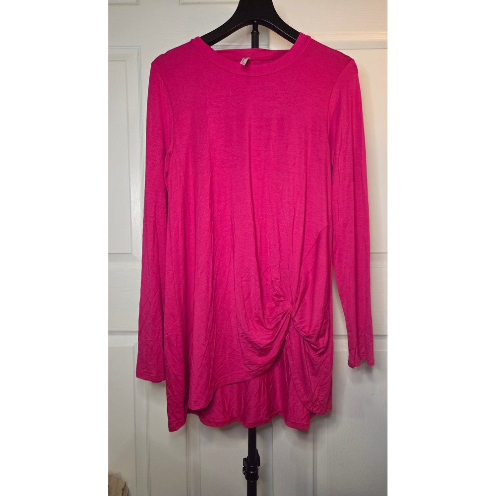 Azules Womens Magenta Pink Long Sleeve Front Knot Asymmetrical Tunic Top